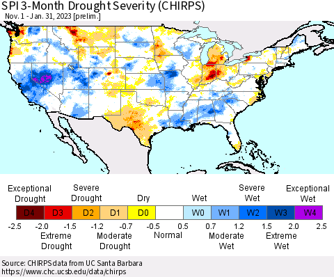 United States SPI 3-Month Drought Severity (CHIRPS) Thematic Map For 11/1/2022 - 1/31/2023