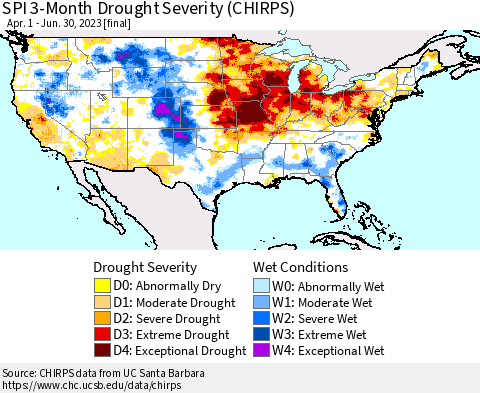 United States SPI 3-Month Drought Severity (CHIRPS) Thematic Map For 4/1/2023 - 6/30/2023