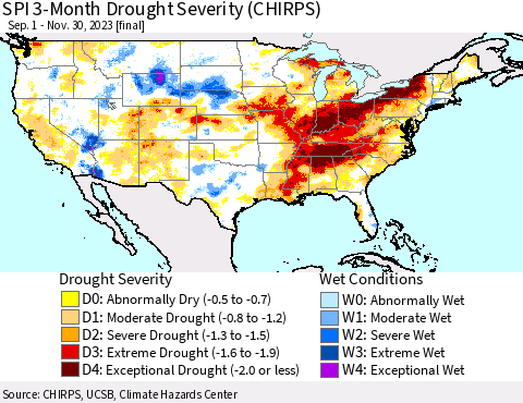 United States SPI 3-Month Drought Severity (CHIRPS) Thematic Map For 9/1/2023 - 11/30/2023