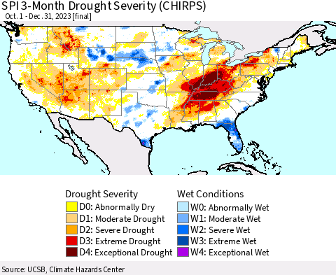 United States SPI 3-Month Drought Severity (CHIRPS) Thematic Map For 10/1/2023 - 12/31/2023