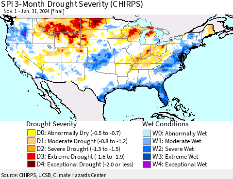 United States SPI 3-Month Drought Severity (CHIRPS) Thematic Map For 11/1/2023 - 1/31/2024