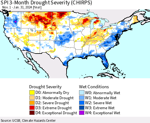 United States SPI 3-Month Drought Severity (CHIRPS) Thematic Map For 11/1/2023 - 1/31/2024