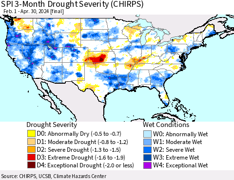 United States SPI 3-Month Drought Severity (CHIRPS) Thematic Map For 2/1/2024 - 4/30/2024