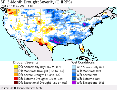 United States SPI 3-Month Drought Severity (CHIRPS) Thematic Map For 3/1/2024 - 5/31/2024