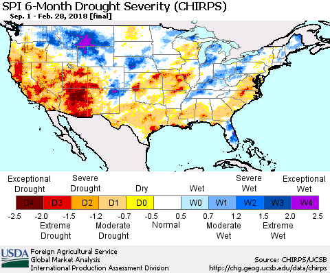 United States SPI 6-Month Drought Severity (CHIRPS) Thematic Map For 9/1/2017 - 2/28/2018