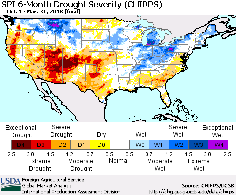 United States SPI 6-Month Drought Severity (CHIRPS) Thematic Map For 10/1/2017 - 3/31/2018