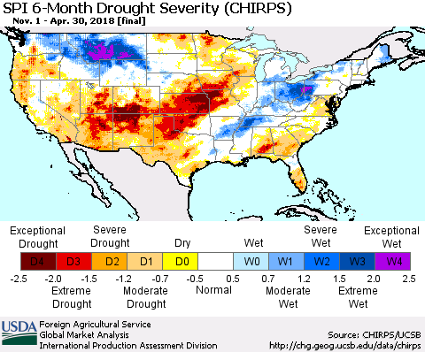 United States SPI 6-Month Drought Severity (CHIRPS) Thematic Map For 11/1/2017 - 4/30/2018