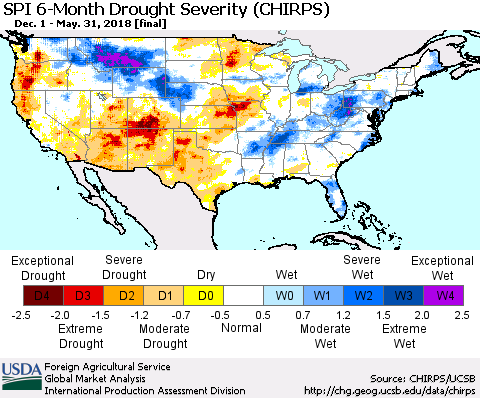 United States SPI 6-Month Drought Severity (CHIRPS) Thematic Map For 12/1/2017 - 5/31/2018