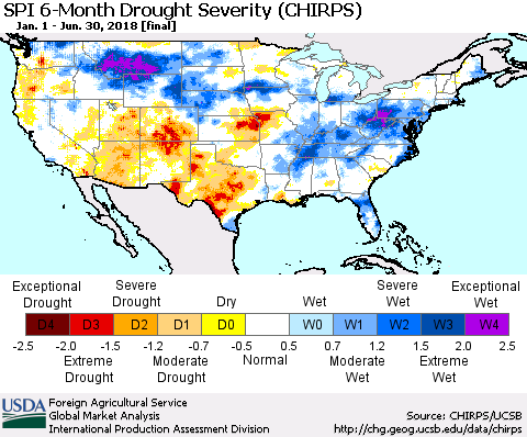United States SPI 6-Month Drought Severity (CHIRPS) Thematic Map For 1/1/2018 - 6/30/2018