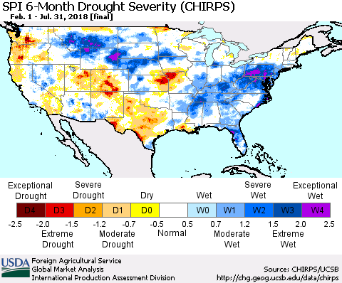 United States SPI 6-Month Drought Severity (CHIRPS) Thematic Map For 2/1/2018 - 7/31/2018
