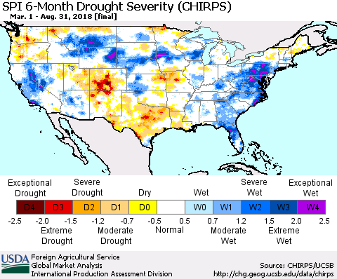 United States SPI 6-Month Drought Severity (CHIRPS) Thematic Map For 3/1/2018 - 8/31/2018