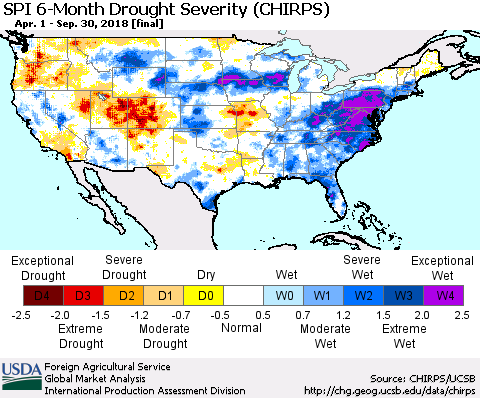 United States SPI 6-Month Drought Severity (CHIRPS) Thematic Map For 4/1/2018 - 9/30/2018