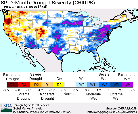 United States SPI 6-Month Drought Severity (CHIRPS) Thematic Map For 5/1/2018 - 10/31/2018