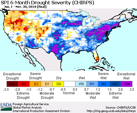 United States SPI 6-Month Drought Severity (CHIRPS) Thematic Map For 6/1/2018 - 11/30/2018