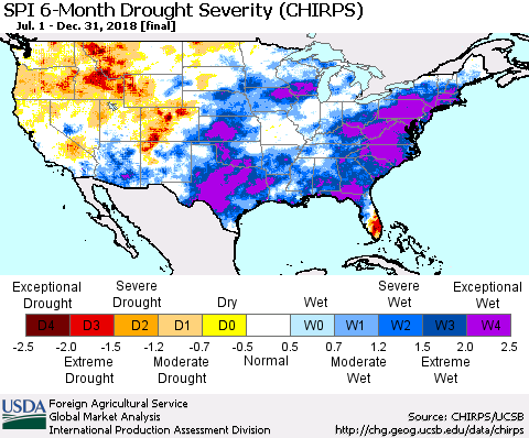 United States SPI 6-Month Drought Severity (CHIRPS) Thematic Map For 7/1/2018 - 12/31/2018