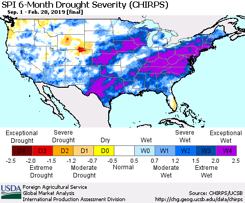 United States SPI 6-Month Drought Severity (CHIRPS) Thematic Map For 9/1/2018 - 2/28/2019