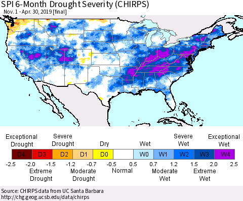 United States SPI 6-Month Drought Severity (CHIRPS) Thematic Map For 11/1/2018 - 4/30/2019