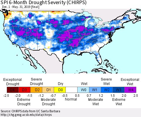 United States SPI 6-Month Drought Severity (CHIRPS) Thematic Map For 12/1/2018 - 5/31/2019