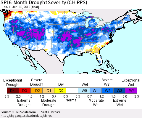 United States SPI 6-Month Drought Severity (CHIRPS) Thematic Map For 1/1/2019 - 6/30/2019