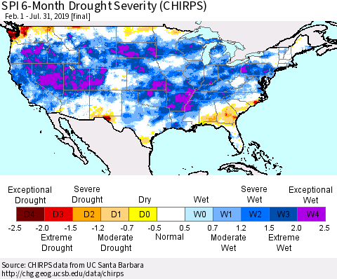 United States SPI 6-Month Drought Severity (CHIRPS) Thematic Map For 2/1/2019 - 7/31/2019
