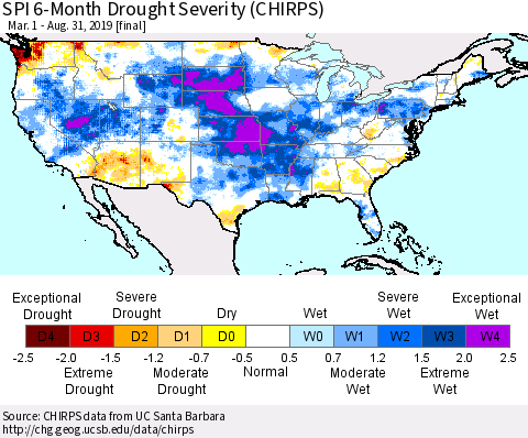 United States SPI 6-Month Drought Severity (CHIRPS) Thematic Map For 3/1/2019 - 8/31/2019