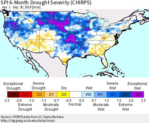 United States SPI 6-Month Drought Severity (CHIRPS) Thematic Map For 4/1/2019 - 9/30/2019