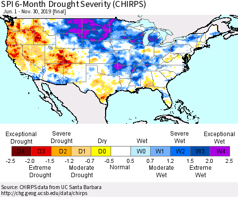 United States SPI 6-Month Drought Severity (CHIRPS) Thematic Map For 6/1/2019 - 11/30/2019