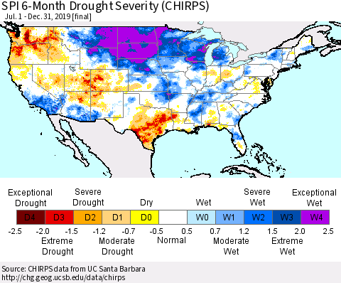 United States SPI 6-Month Drought Severity (CHIRPS) Thematic Map For 7/1/2019 - 12/31/2019