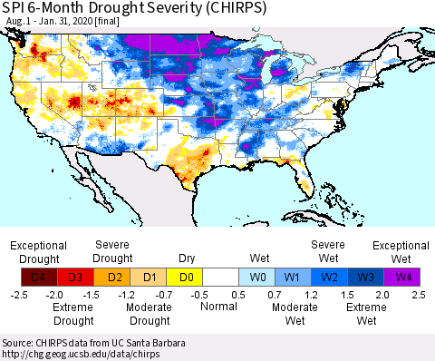 United States SPI 6-Month Drought Severity (CHIRPS) Thematic Map For 8/1/2019 - 1/31/2020