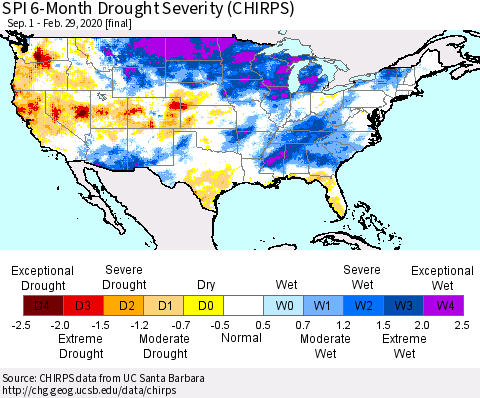 United States SPI 6-Month Drought Severity (CHIRPS) Thematic Map For 9/1/2019 - 2/29/2020