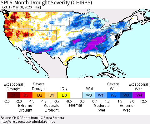 United States SPI 6-Month Drought Severity (CHIRPS) Thematic Map For 10/1/2019 - 3/31/2020