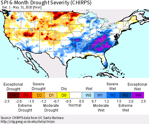 United States SPI 6-Month Drought Severity (CHIRPS) Thematic Map For 12/1/2019 - 5/31/2020