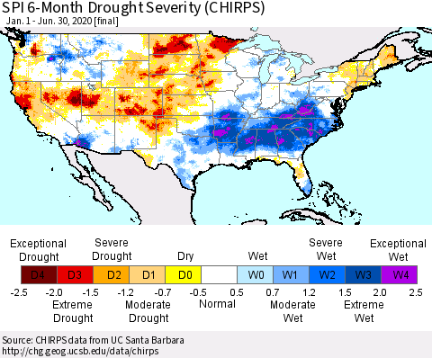 United States SPI 6-Month Drought Severity (CHIRPS) Thematic Map For 1/1/2020 - 6/30/2020