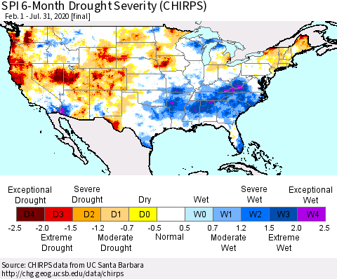 United States SPI 6-Month Drought Severity (CHIRPS) Thematic Map For 2/1/2020 - 7/31/2020