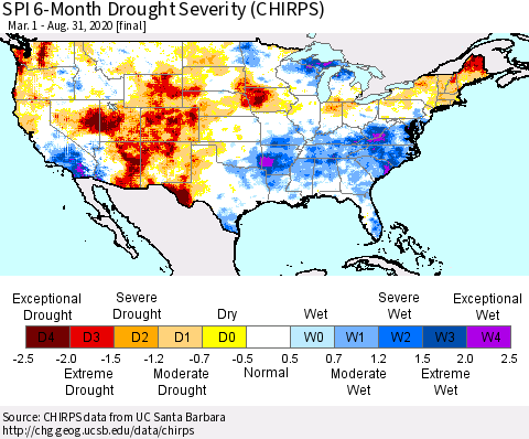 United States SPI 6-Month Drought Severity (CHIRPS) Thematic Map For 3/1/2020 - 8/31/2020