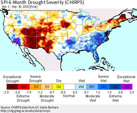 United States SPI 6-Month Drought Severity (CHIRPS) Thematic Map For 4/1/2020 - 9/30/2020