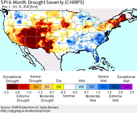 United States SPI 6-Month Drought Severity (CHIRPS) Thematic Map For 5/1/2020 - 10/31/2020
