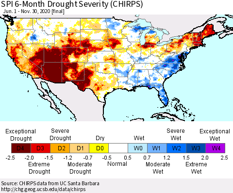 United States SPI 6-Month Drought Severity (CHIRPS) Thematic Map For 6/1/2020 - 11/30/2020