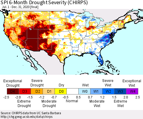United States SPI 6-Month Drought Severity (CHIRPS) Thematic Map For 7/1/2020 - 12/31/2020