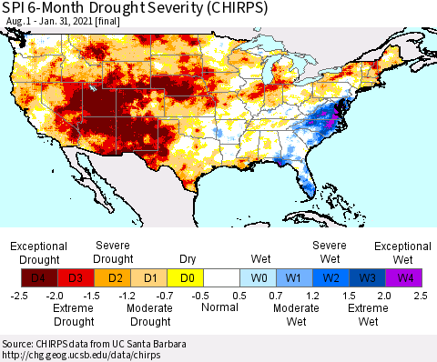 United States SPI 6-Month Drought Severity (CHIRPS) Thematic Map For 8/1/2020 - 1/31/2021