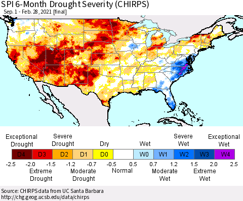 United States SPI 6-Month Drought Severity (CHIRPS) Thematic Map For 9/1/2020 - 2/28/2021