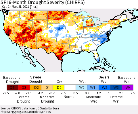 United States SPI 6-Month Drought Severity (CHIRPS) Thematic Map For 10/1/2020 - 3/31/2021
