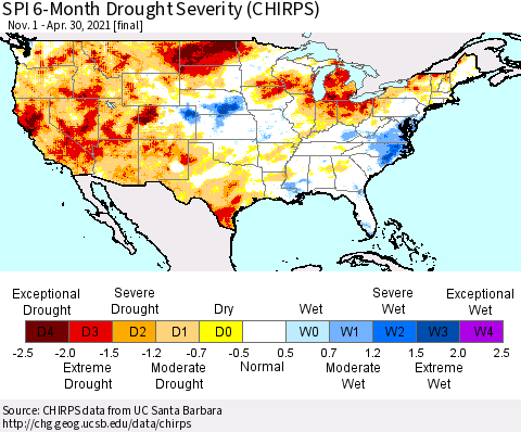 United States SPI 6-Month Drought Severity (CHIRPS) Thematic Map For 11/1/2020 - 4/30/2021