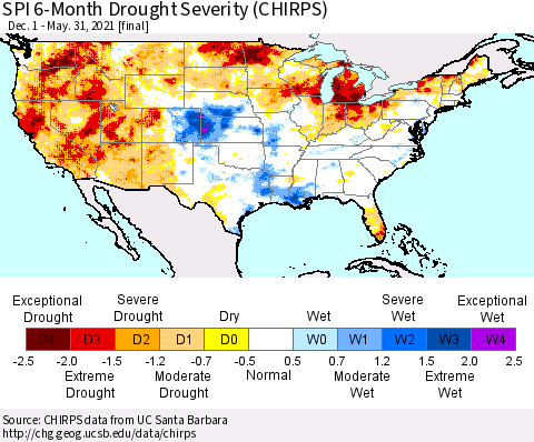 United States SPI 6-Month Drought Severity (CHIRPS) Thematic Map For 12/1/2020 - 5/31/2021