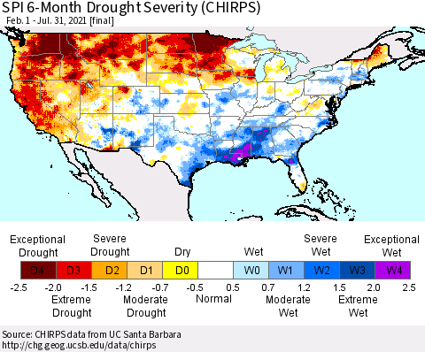 United States SPI 6-Month Drought Severity (CHIRPS) Thematic Map For 2/1/2021 - 7/31/2021