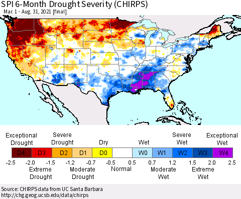 United States SPI 6-Month Drought Severity (CHIRPS) Thematic Map For 3/1/2021 - 8/31/2021