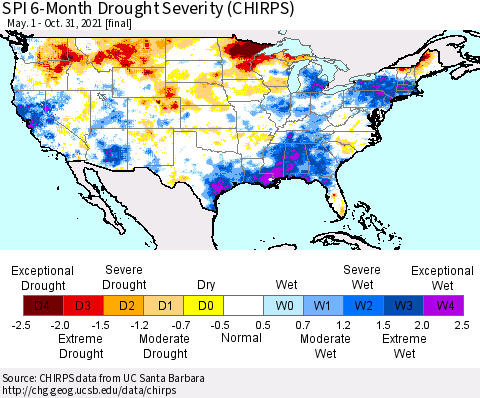 United States SPI 6-Month Drought Severity (CHIRPS) Thematic Map For 5/1/2021 - 10/31/2021