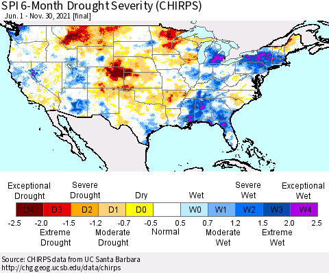 United States SPI 6-Month Drought Severity (CHIRPS) Thematic Map For 6/1/2021 - 11/30/2021
