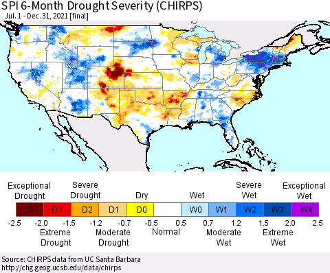United States SPI 6-Month Drought Severity (CHIRPS) Thematic Map For 7/1/2021 - 12/31/2021