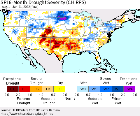 United States SPI 6-Month Drought Severity (CHIRPS) Thematic Map For 8/1/2021 - 1/31/2022